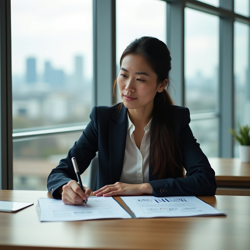 A professional reviewing printed course material and taking notes at a wooden desk near a large window