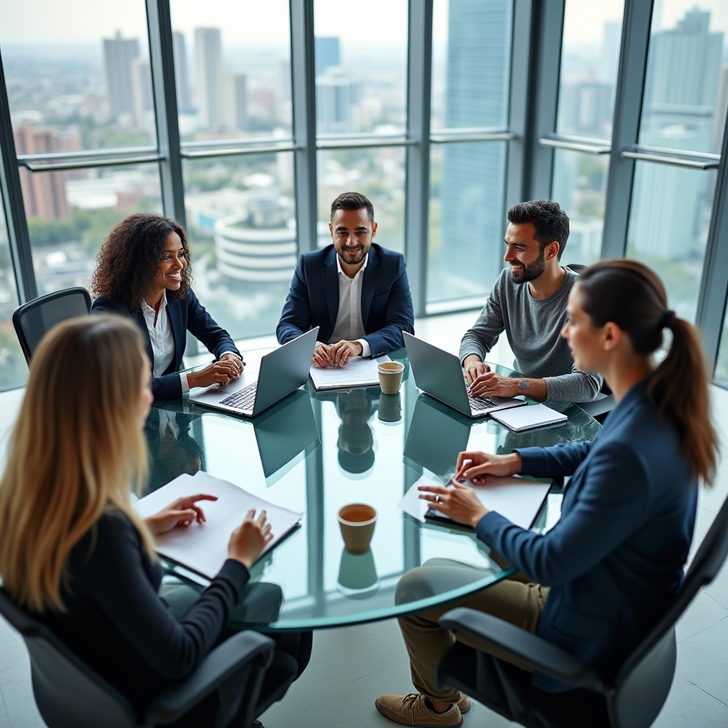 Overhead view of a diverse team collaborating around a table with laptops and notes in a bright glass office