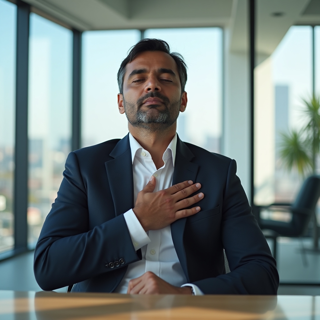 Close-up of a professional practicing a slow breathing technique with eyes closed in an office setting