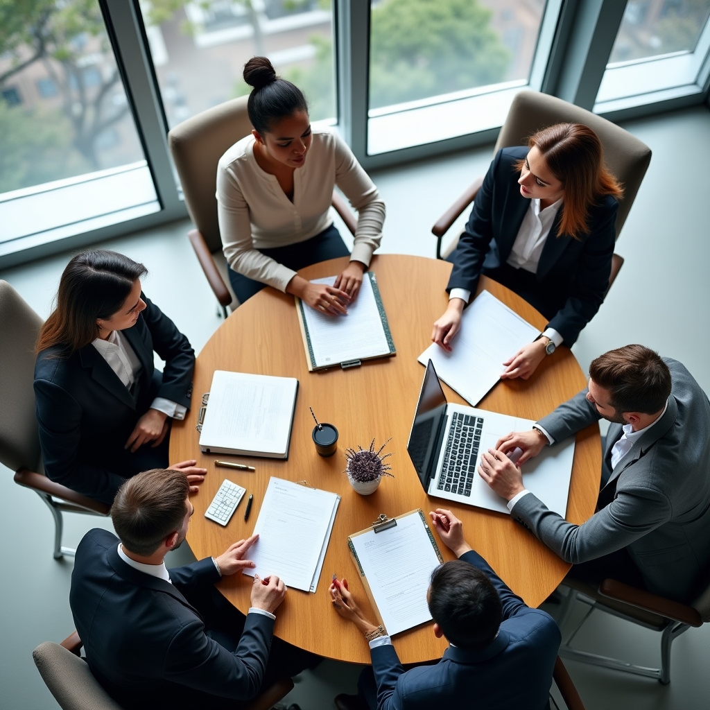 Overhead view of a multicultural team gathered around a table during a workplace resilience workshop